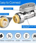 Close-up of 2 Pack Solid Brass Straight Stop Valves Quick Connect Shut Off Fittings 1/2 Inch PTC To 3/8 Inch Compression Output.