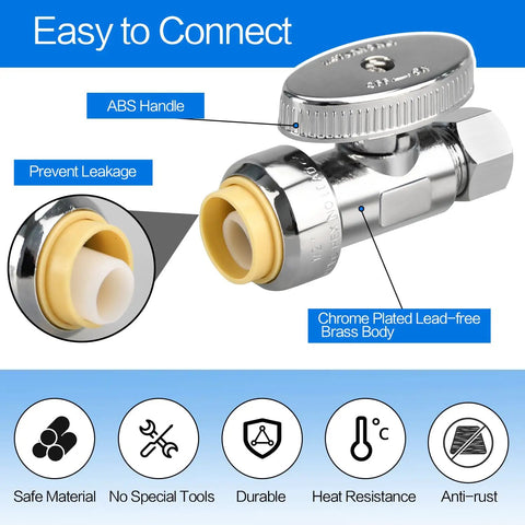 Close-up of 2 Pack Solid Brass Straight Stop Valves Quick Connect Shut Off Fittings 1/2 Inch PTC To 3/8 Inch Compression Output.