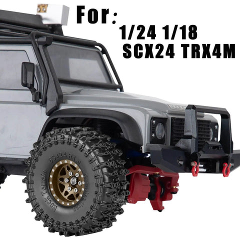 Close-up of RC crawler car with 1.0 Inch Beadlock Wheel Set For SCX24 TRX4M RC Crawler Cars Aluminum Heavy Duty Rim.