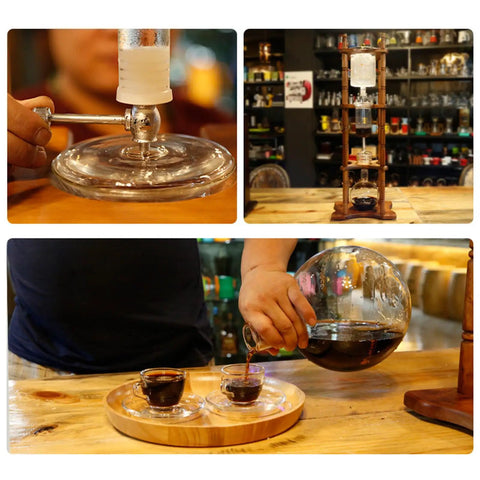 Slick Cold Brew Coffee Tower Featuring A Reliable Ice Drip System For Bold Flavor Kick Holds A Humongous 3000ML Glass Jar settled on a raw brown wood stand.