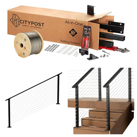No Sweat Diy Steel Cable Railing System For Sleek Stair Handrails Pre Drilled Base Mount Kit Comes Fully Loaded With Hardware Ready For Instant Setup White 42 Inch featuring all-in-one kit, steel cable, and stair installation components.