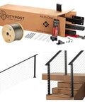 Slick Steel Cable Railing System For Stair Handrails With No Sweat Diy Complete Kit And Full Hardware Pack Pre Drilled Base Mount For Clean Modern Deck Upgrades 16 Foot Span 42 Inch Height White Finish including the cable reel and hardware.
