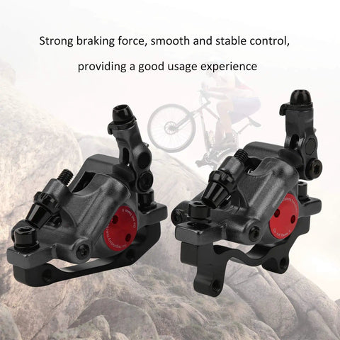 Built Tough Aluminum Hydraulic Disc Brakes BH100 For Mountain Road And Folding Bikes With Slick Fast Stops Easy Setup And No Nonsense Stopping Power Black Bicycle Pair with detailed view of calipers.
