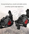 Hella Reliable Aluminum Mechanical Disc Brake Set For Mountain And Road Bikes With Quick Install Hardware And Solid All Weather Stopping Power To Keep Your Ride Tight On Pavement Or Rough Terrain Black close-up of black caliper brake assembly.