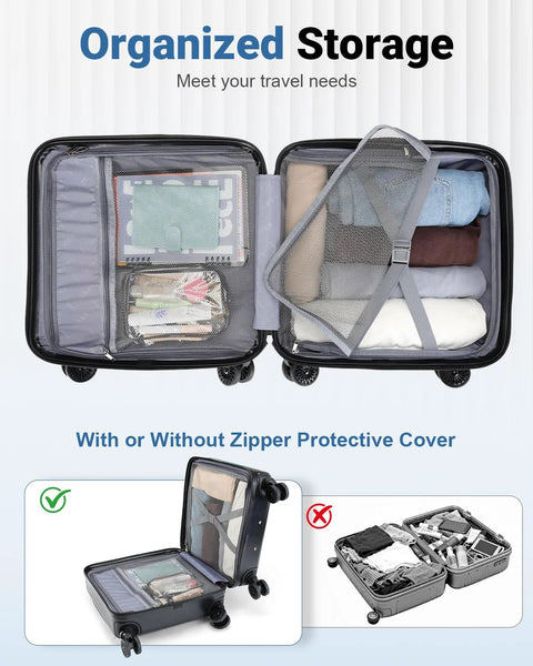 Open Compact 16 Inch Carry On Luggage With Front Laptop Pocket And TSA Lock With Wheels, showcasing organized storage inside.