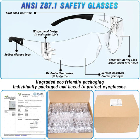 ANSI Z87 1 Certified 150 Piece Clear Safety Glasses Bulk with wraparound design and UV protection, ideal for safe workwear.
