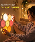 Teen using Hexagon LED Sensory Lights For Teens 7 Pack With Touch Tap Control Remote Included Autism Friendly Wall Panels