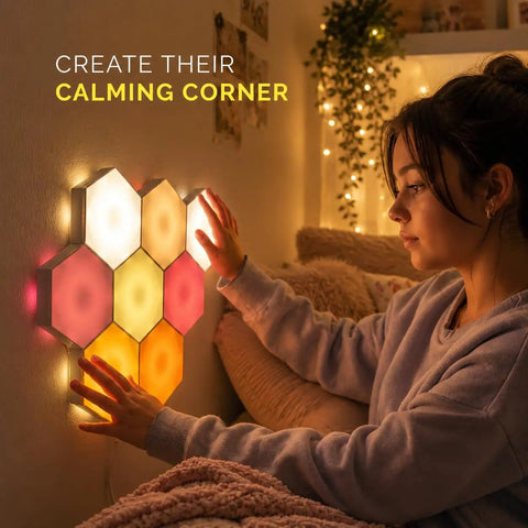 Teen using Hexagon LED Sensory Lights For Teens 7 Pack With Touch Tap Control Remote Included Autism Friendly Wall Panels