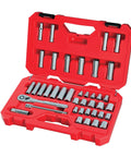 Open red case showing Mechanics Tool Set For The Garage With SAE And Metric 3 8 Inch Drive 40 Piece Featuring 72 Tooth Ratcheting Box End