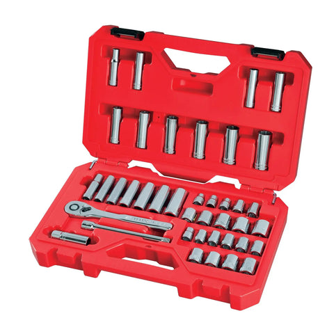 Open red case showing Mechanics Tool Set For The Garage With SAE And Metric 3 8 Inch Drive 40 Piece Featuring 72 Tooth Ratcheting Box End