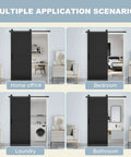 36-Inch By 84-Inch Sliding Barn Door With Modern Style in black finish shown in home office, bedroom, laundry, and bathroom setups