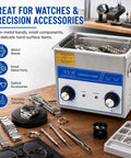 3L Ultrasonic Cleaner With Heater 40kHz Pro Jewelry Cleaner with watch bands and tools displayed on a wooden table.