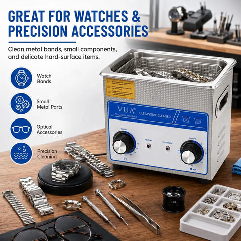 3L Ultrasonic Cleaner With Heater 40kHz Pro Jewelry Cleaner with watch bands and tools displayed on a wooden table.