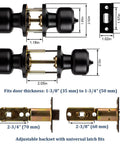 Detailed view of 10 Pack Matte Black Door Knobs For Privacy Or Passage Doors With Keyless Doorknob Bedroom Or Bathroom Door Hardware Easy Install Includes Lockset Handle And Instructions, showing dimensions and latch mechanism.