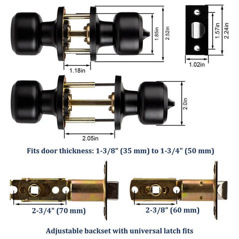 Detailed view of 10 Pack Matte Black Door Knobs For Privacy Or Passage Doors With Keyless Doorknob Bedroom Or Bathroom Door Hardware Easy Install Includes Lockset Handle And Instructions, showing dimensions and latch mechanism.