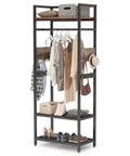 Robust Set Of 10 Heavy Duty Clothes Rack With Shelf And Hanging Rod. Industrial freestanding garment rack holding clothing and accessories.