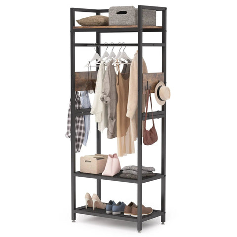 Robust Set Of 10 Heavy Duty Clothes Rack With Shelf And Hanging Rod. Industrial freestanding garment rack holding clothing and accessories.