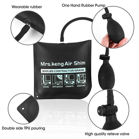 Air Wedge Bag Kit Three Size Set With 500 Lb Rating, showing inflatable pump and rubber construction for precise leveling