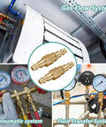 Collage showing Type D Quick Connect Air Hose Fitting Kit and applications, featuring 1 Quarter NPT Brass Plug and Coupler Set