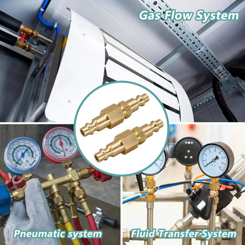 Collage showing Type D Quick Connect Air Hose Fitting Kit and applications, featuring 1 Quarter NPT Brass Plug and Coupler Set