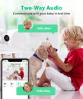 1080P Baby Monitor And Indoor Security Camera With WiFi Night Vision Motion Detection 2-Way Audio In Real Time For Baby Or Pet Watching Works On 2.4GHz Alexa Compatible No-Fuss Setup IP Cam showing child and pet interaction