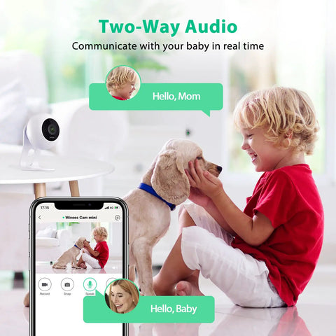 1080P Baby Monitor And Indoor Security Camera With WiFi Night Vision Motion Detection 2-Way Audio In Real Time For Baby Or Pet Watching Works On 2.4GHz Alexa Compatible No-Fuss Setup IP Cam showing child and pet interaction