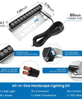 Diagram of Eight Inch Retaining Wall Step Lights With Five Watt LED And One Hundred Watt Transformer IP68 Outdoor Hardscape Lighting Kit For Stairs And Walls Easy Install Low Voltage Twelve To Twenty Four Volt Two Seventy Degree Direction Eight Pack, showcasing components and measurements.
