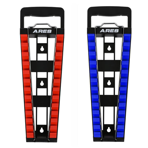 Gotta Keep Your Shop Super Tidy With This Heavy Duty 2 Piece Wrench Holder Rack Set Featuring Slam Lock Grips For SAE And Metric Tools Wall Mount Garage Organizers, showing red and blue holders.