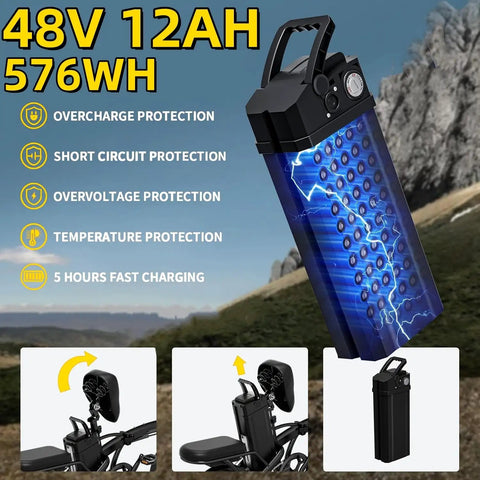 48V 12Ah battery from Beast 550W Ebike With 25 MPH Top Speed, 35 Mile Range, 300 Lbs Load, Tool Free Fold, showcasing protections