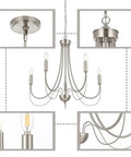 5 Light Brushed Nickel Farmhouse Chandelier Candelabra Style Modern Pendant Lighting For Living Room Kitchen Island Foyer With Adjustable Chain Ceiling Fixture Dope Rustic Charm