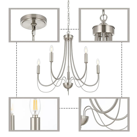 5 Light Brushed Nickel Farmhouse Chandelier Candelabra Style Modern Pendant Lighting For Living Room Kitchen Island Foyer With Adjustable Chain Ceiling Fixture Dope Rustic Charm