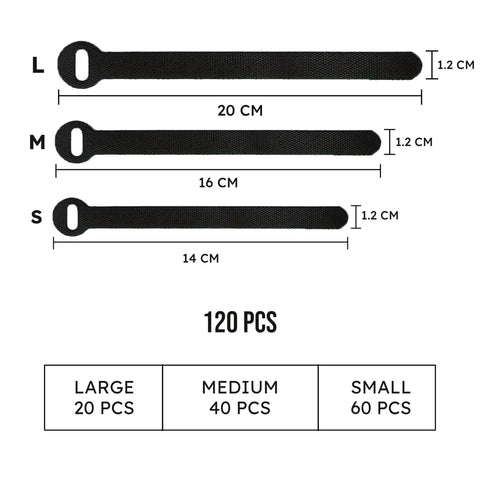 120 Pack Reusable Cable Ties For Cords 5 6 8 Inch Data Cable Organizer Ties in small, medium, and large sizes, black color