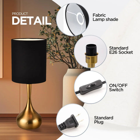 Close-up of Modern Table Lamp With Brass Droplet Base And Black Linen Drum Shade with socket and switch details