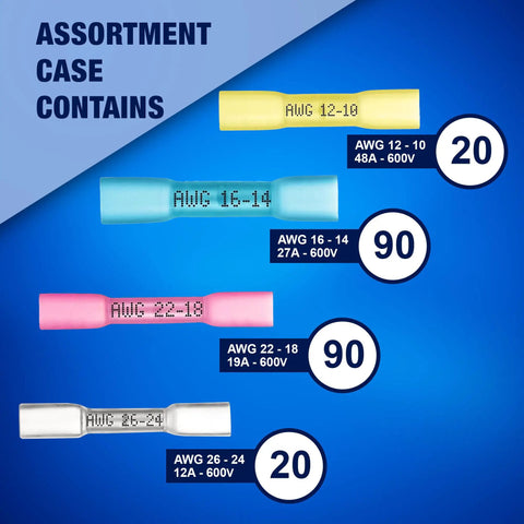 Measurement details for 220-Piece Heat Shrink Butt Connectors Kit With KableSeal Tech, showcasing assorted AWG sizes and quantities.