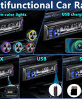 Bluetooth Car Stereo Single DIN With Hands Free Calling Push To Talk Button FM MP3 SD AUX Dual USB Ports iOS And Android App Control 7 LED Color Lighting Equalizer No CD Player Easy Plug In Car Audio Receiver with multifunctional display showing AUX, USB, SD features and color lighting options
