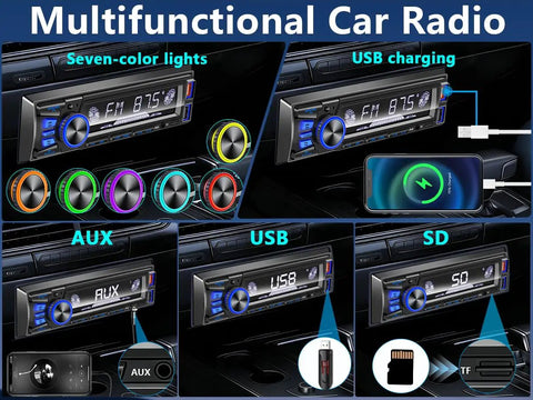 Bluetooth Car Stereo Single DIN With Hands Free Calling Push To Talk Button FM MP3 SD AUX Dual USB Ports iOS And Android App Control 7 LED Color Lighting Equalizer No CD Player Easy Plug In Car Audio Receiver with multifunctional display showing AUX, USB, SD features and color lighting options