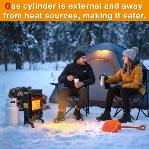 18,000 BTU Propane Patio Heater For Indoor And Outdoor Use With ODS And Tip Over Protection 3 Heat Modes Piezo Ignition shown in campsite