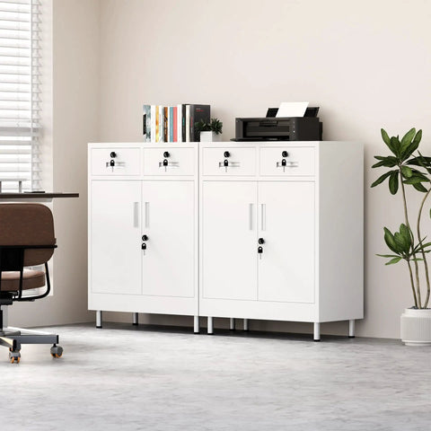 Built Tough Metal Storage Cabinet With Locking Doors And Two Drawers Lockable Cabinet With Adjustable Shelf Home Office White Finish