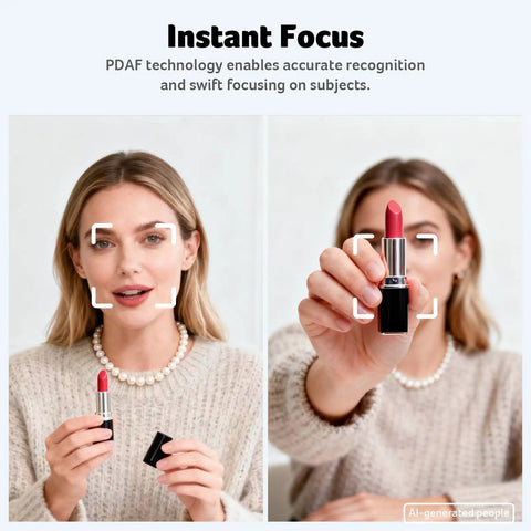 Woman showcasing lipstick with PDAF focus technology, wearing a pearl necklace, in a cozy sweater.