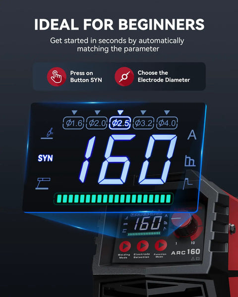 LED display of 110V And 220V MMA Stick Welder with large LED showing 160 amps for easy use, focusing on synergic control.