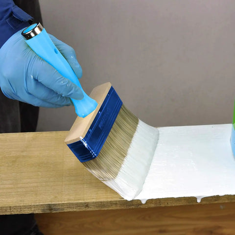 Person using 4 inch brush from Three Pack Deck Stain Brush Set 4 Inch 5 Inch 6 Inch For Faster Coverage With Threaded Handles Works With Most Extension Poles Great For Wood Deck Fence Wall And House Stains to paint wood