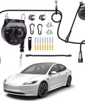 No Sweat Wall Mount Retractable EV Charger Cable Holder Reel Organizer Fits Tesla And Universal Level 2 EV Station with wall components.