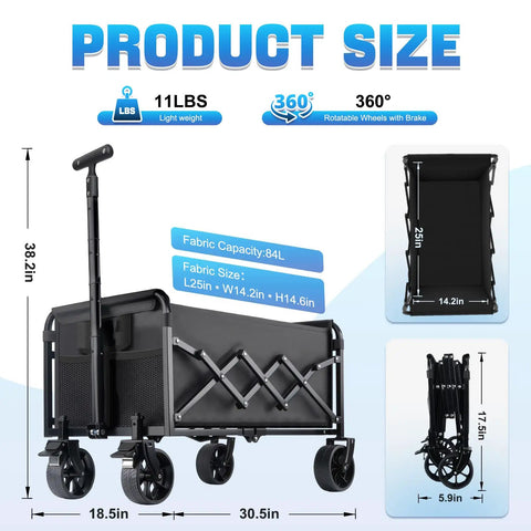 Heavy Duty Collapsible Wagon Cart Workhorse Foldable With Wheels 360 Lb Capacity Portable Folding Utility Shopping Cart With 360 Degree Swivel Brakes And Cup Holders For Outdoor Camping Beach Grocery Garden