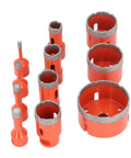 Awesome 11 Piece Hole Saw Kit For Tile And Marble 6 To 68 Mm Vacuum Brazed Drill Bits With Hex Shank Adapter Perfect For Granite Ceramic Home Improvement Projects And Serious DIYers Who Need Reliable Cuts Every Single Time. Orange diamond hole saw bits set on white background