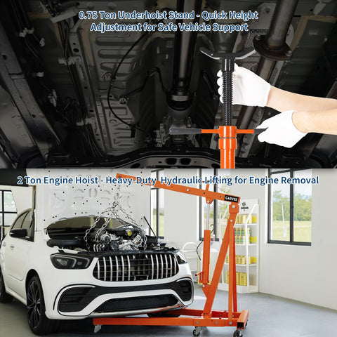 Heavy Duty 2 Ton Folding Hydraulic Engine Hoist With Slick Shop Crane Lift that handles heavy motors and transmissions without any sweat for zero hassle garage work featuring a stable base and vibrant orange finish.