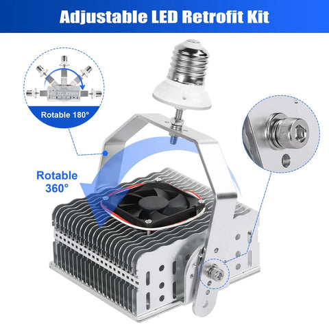 200W Shoebox LED Retrofit Kit With 29000 Lumens At 5000K showing rotatable design for E39 base outdoor lighting installation