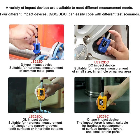 7 in 1 Hardness Tester Kit for Metals with Rockwell Scales HL HV HB HRC HRB HRA HS, Pro Grade Carbide Impact Probe, 9 Set Data Storage, Durable Durometer Meter for Manufacturing and Metal Processing, Model LS252C showing D, DC, DL, and C impact devices