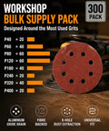 300 Pack 5 Inch Sanding Discs Set With 8 Hole Hook And Loop For Random Orbital Sanders Pro Grade Grits in workshop display