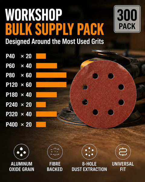 300 Pack 5 Inch Sanding Discs Set With 8 Hole Hook And Loop For Random Orbital Sanders Pro Grade Grits in workshop display