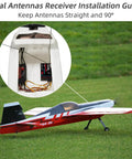 R12DS 2.4GHz RC Receiver 12 Channels SBUS PWM installed in airplane fuselage with guide for dual antennas.